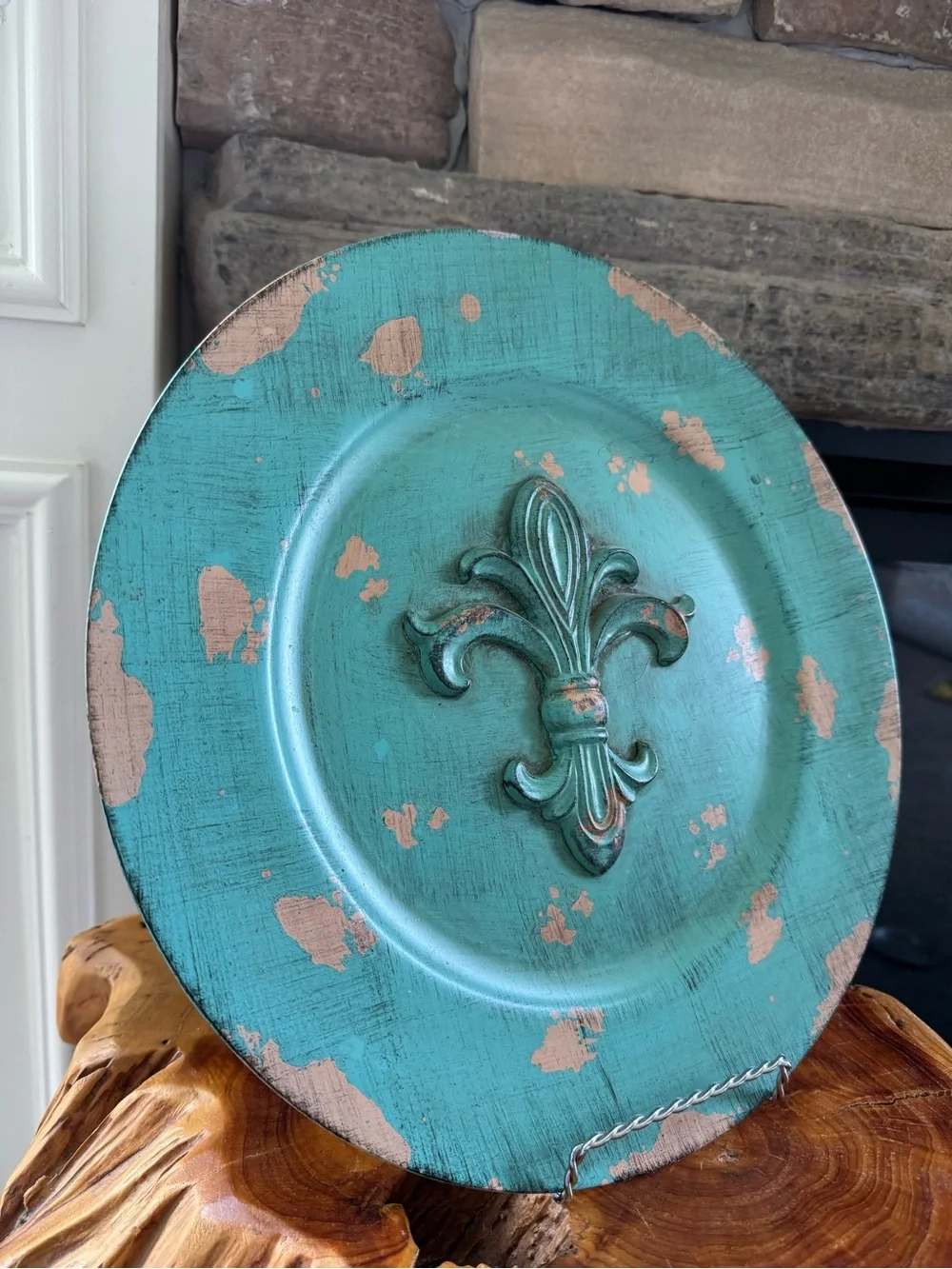 Distressed Turquoise Fleur De Lis Decorative Charger Plate Raised Wall Decor 13”